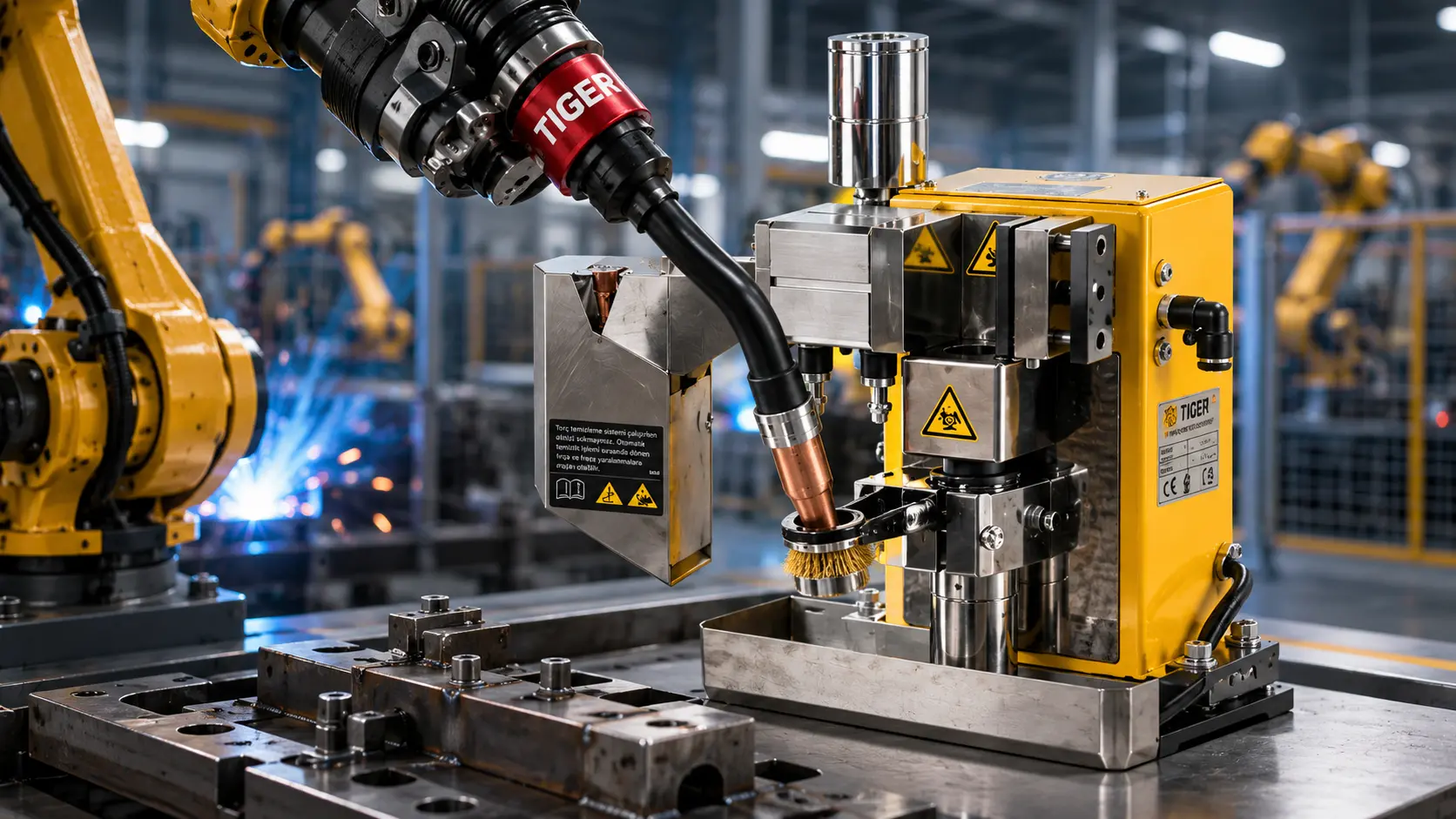 Robotik kaynak hattında Tiger torç temizleme istasyonu